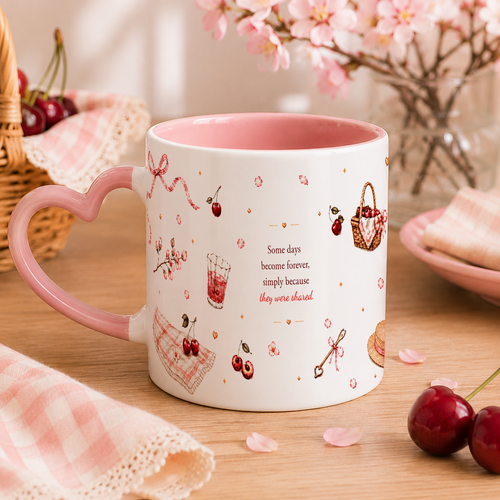 A ceramic mug with a pink heart-shaped handle and a white body decorated with pink cherry illustrations, a basket, and the phrase 'Some days become forever, simply because they were shared.' The mug is styled on a wooden table with cherries, a pink plaid cloth, and cherry blossoms in the background.