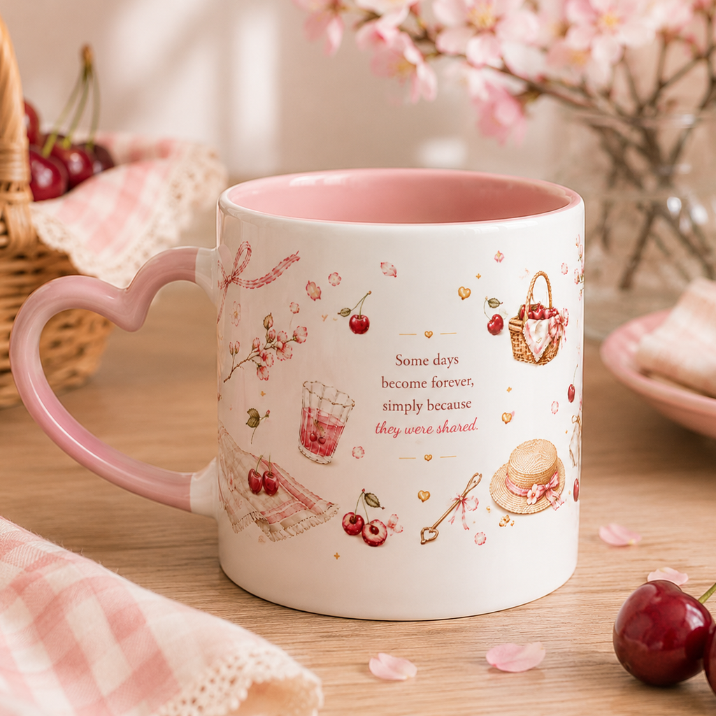 A heart-shaped ceramic mug with a pink interior and handle, decorated with cherry illustrations and a quote, set on a wooden table with cherries and pink flowers in the background.
