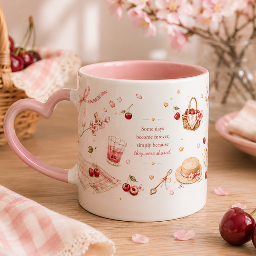 A heart-shaped ceramic mug with a pink interior and handle, decorated with cherry illustrations and a quote, set on a wooden table with cherries and pink flowers in the background.