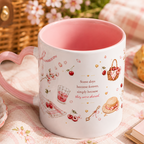 A heart-shaped ceramic mug with a pink interior and a white exterior decorated with cherry and picnic illustrations, set on a pink floral tablecloth with a wicker basket, cherries, and a scone in the background.