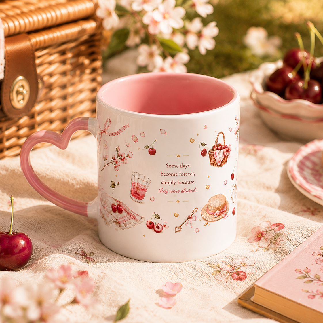 A white ceramic mug with a pink heart-shaped handle and pink interior, decorated with cherry and macaron illustrations and the phrase 'Some days, because love, simply because they were dear.' The mug is styled in a picnic setting with cherries, a wicker basket, and a book.