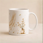 A white ceramic mug with a delicate beige and gold illustration of a draped fabric and a small vase of wildflowers, set against a warm beige background.