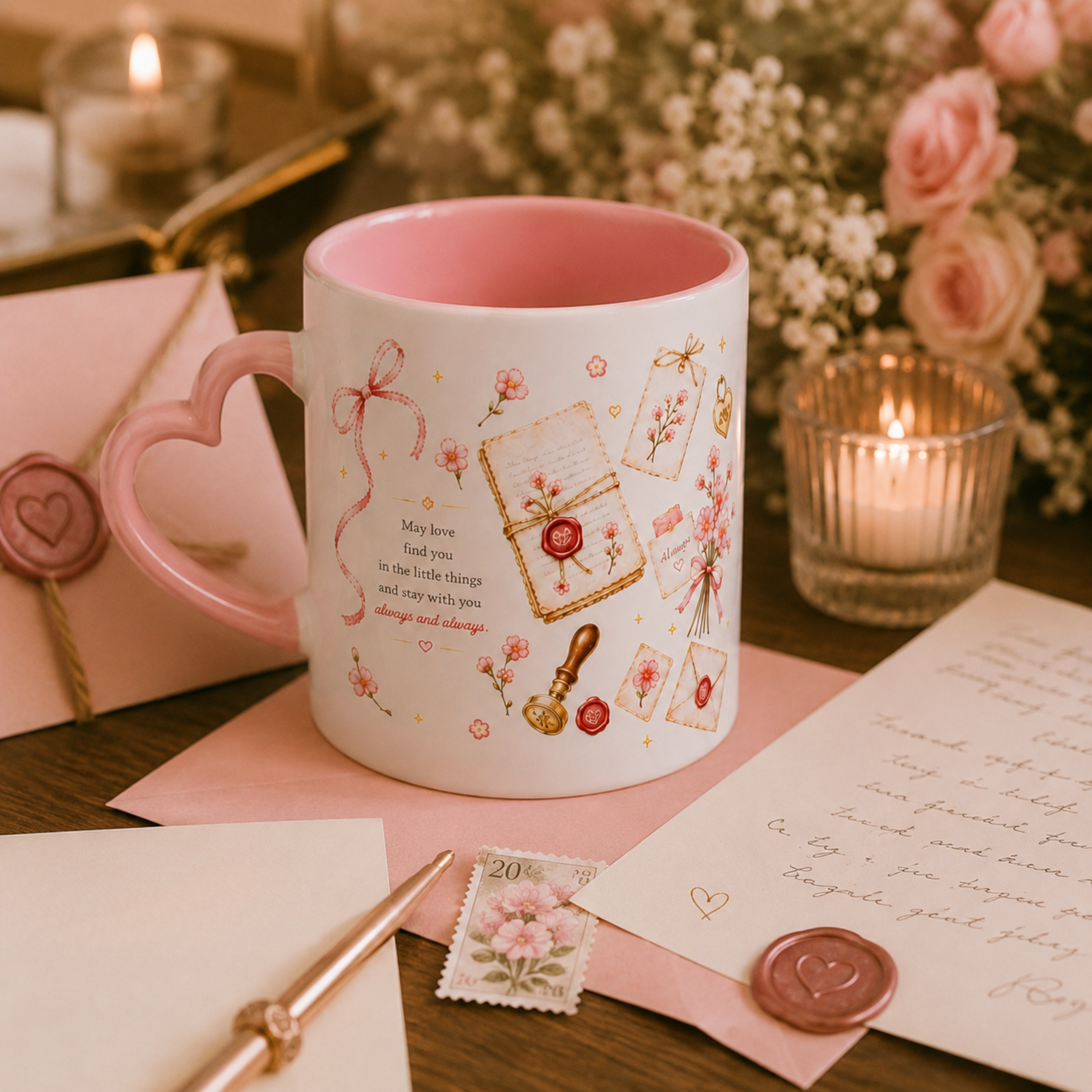 A white ceramic mug with a pink heart-shaped handle and pink interior, decorated with vintage-style postcards, a stamp, ribbon, and handwritten lettering. The mug is styled on a wooden table with pink envelopes, a wax seal, a letter, and candles in the background.