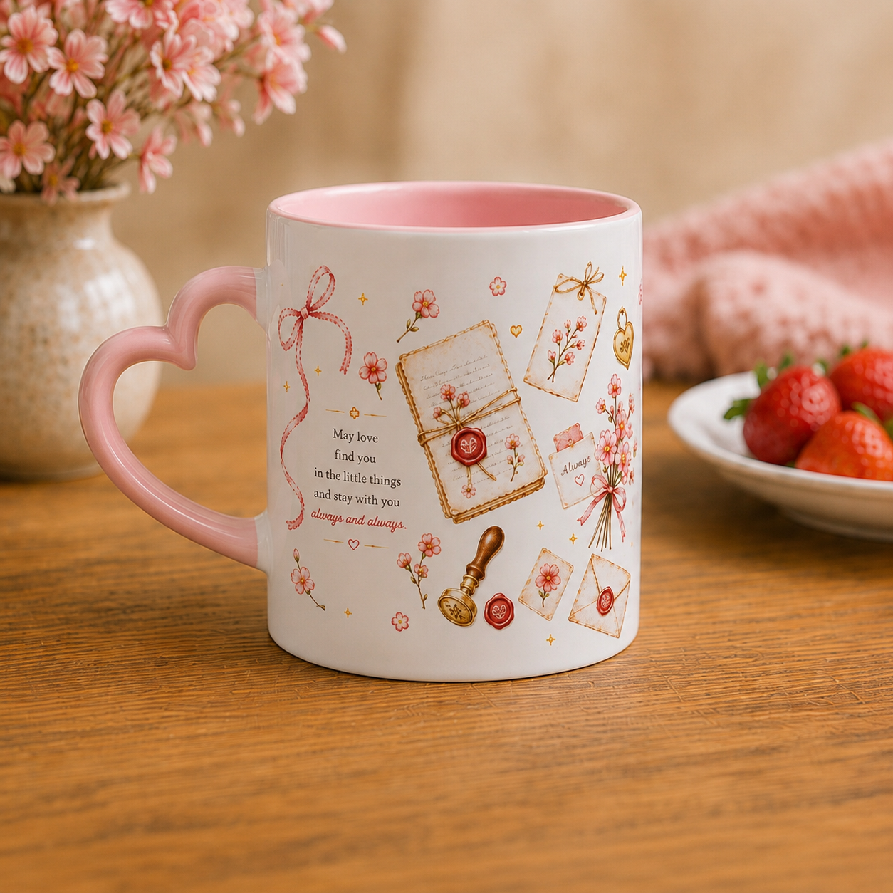 A white ceramic mug with a pink heart-shaped handle and pink interior, decorated with vintage-style postcard, wax seal, ribbon, and small quote illustrations. The mug sits on a wooden table with a blurred vase of pink flowers and strawberries in the background.