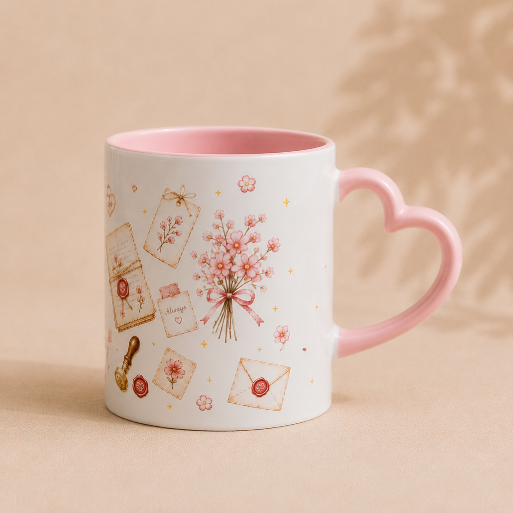 A white ceramic mug with a pink heart-shaped handle and pink interior, decorated with vintage-style stationery illustrations including envelopes, a bouquet of flowers, and wax seals on a warm beige background.