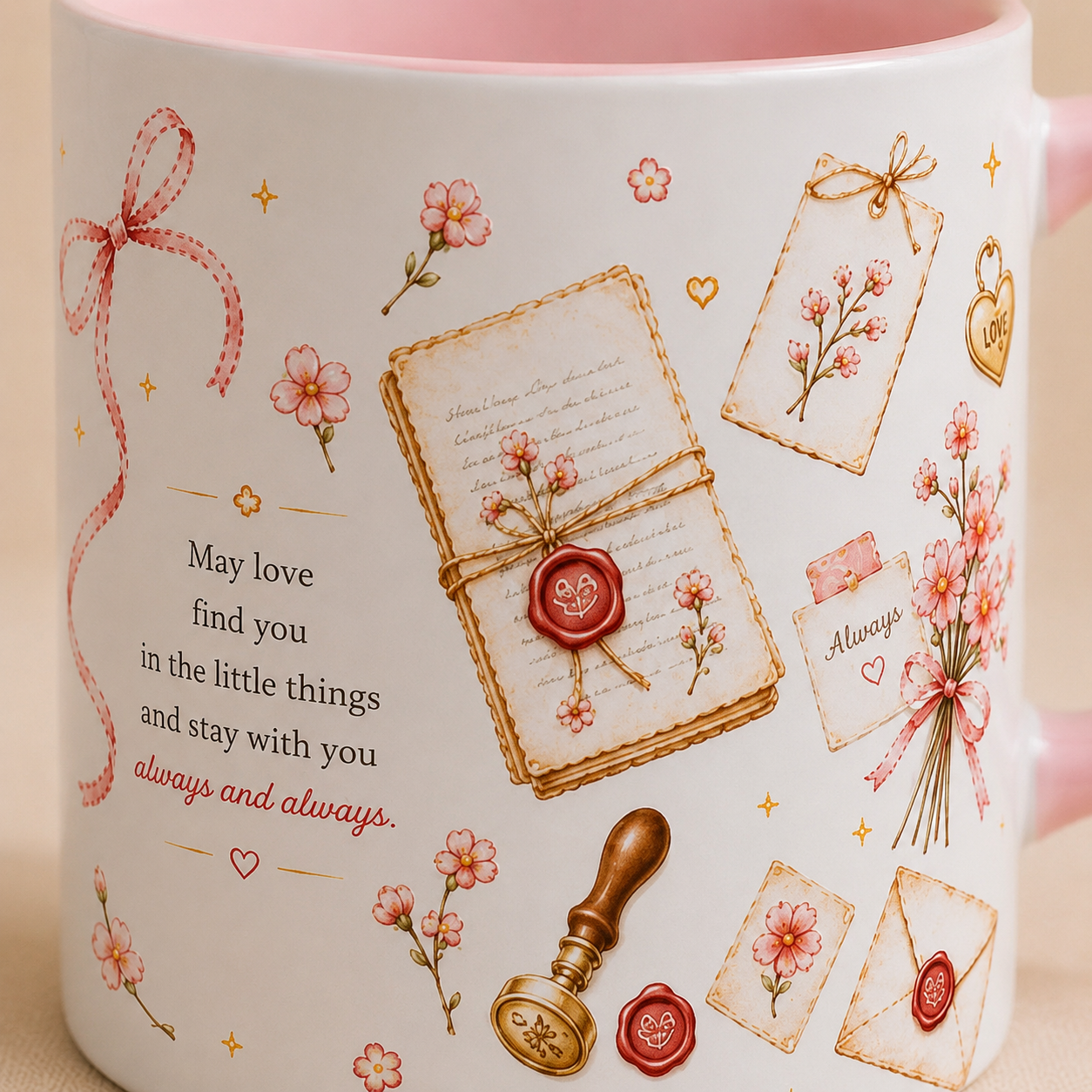 A white ceramic mug with a pink interior, decorated with vintage-style illustrations including a wax seal, letter, ribbon, flowers, and the quote, 'May love find you in the little things and stay with you always and always.'.