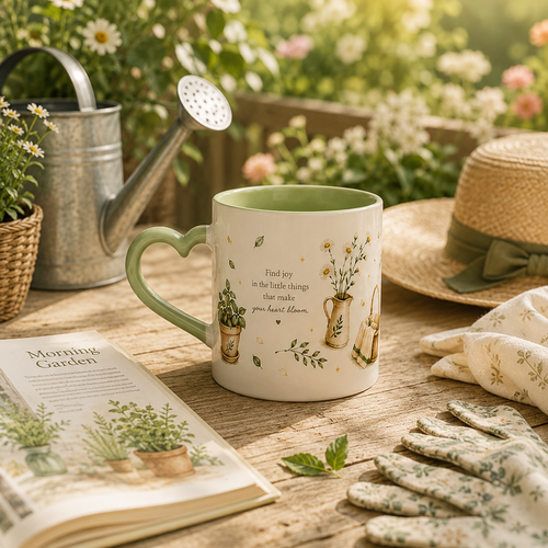 A ceramic mug with a green handle and interior, decorated with illustrations of potted plants and the quote 'Find joy in the little things that make you feel content.' It is styled on a wooden table with gardening props, including a watering can, gloves, a hat, and an open book, against a soft-focus garden background.