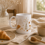 A white ceramic mug with a delicate brown and gold floral and croissant illustration, styled on a beige linen tablecloth with a plate of croissant, a cup of coffee, and a honey dipper in a warm, cozy kitchen setting.