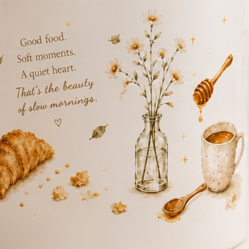 A warm-toned illustrated breakfast scene on a cream background with the quote, 'Good food. Soft moments.