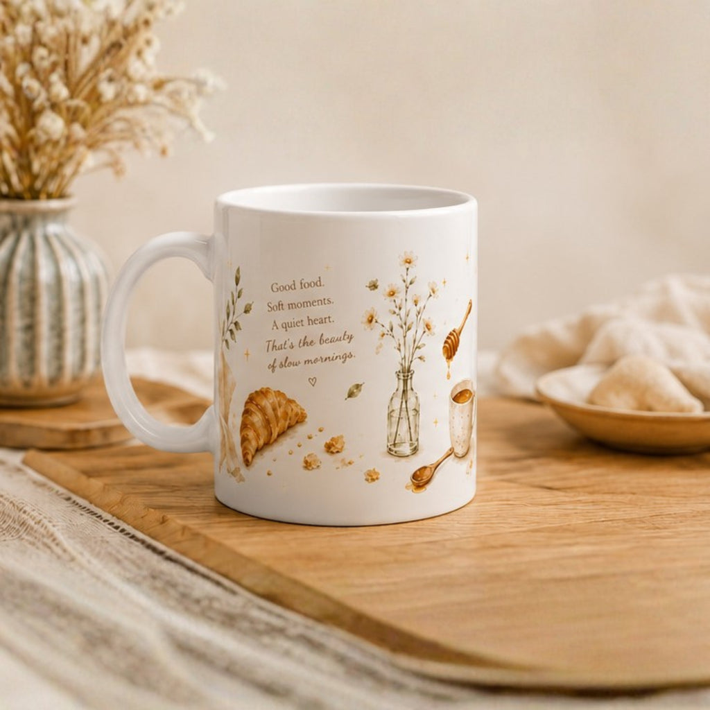 A white ceramic mug with a warm-toned illustration of a croissant, honey dipper, honey jar, and small text, displayed on a wooden tray with dried flowers and a soft neutral background.