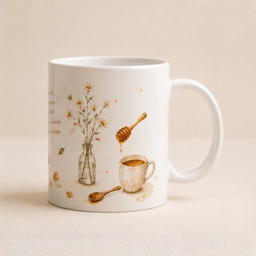 A white ceramic mug with a printed design of a honey dipper dripping honey into a cup, a honey pot in a glass vase, and small golden flowers, set against a warm beige background.