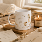 A white ceramic mug with gold floral illustrations and a quote sits on a wooden tray next to a lit candle, with books and a cozy interior background.