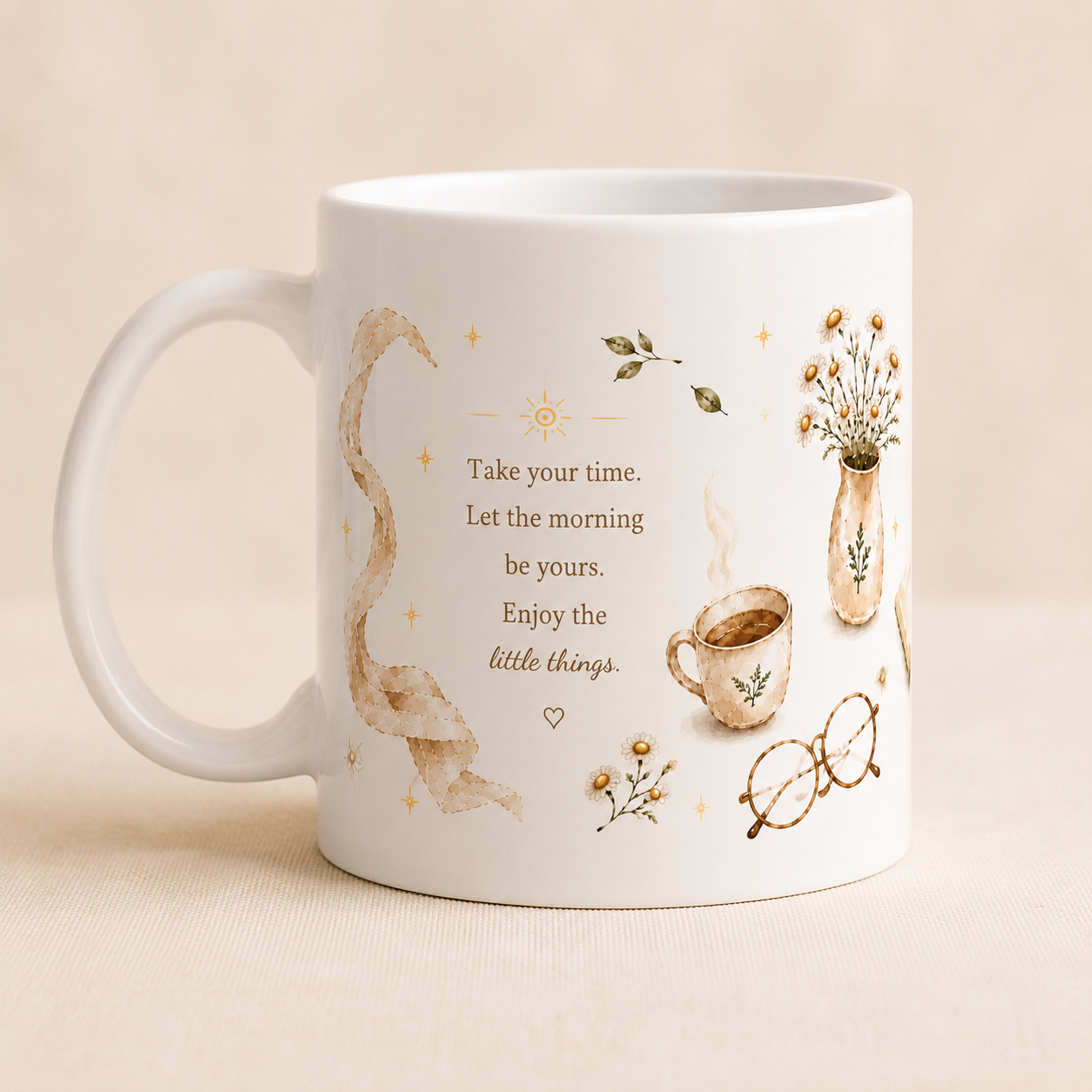 A white ceramic mug with a warm beige background, decorated with watercolor-style illustrations of a snake, a cup of coffee, glasses, flowers, and a quote that reads, 'Take your time. Let the morning be yours.