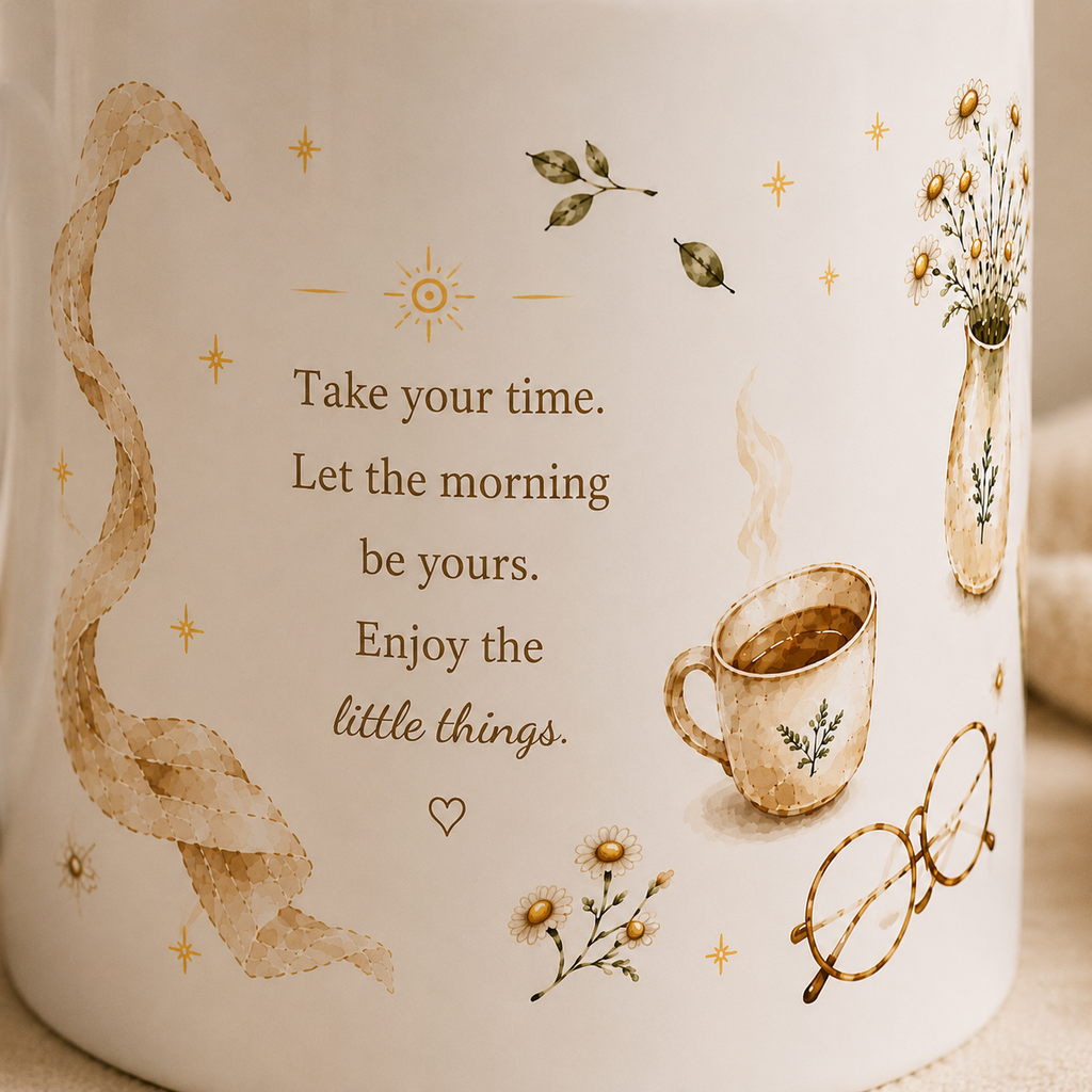 Close-up of a cream-colored ceramic mug featuring a warm, vintage-inspired design with the quote 'Take your time. Let the morning be yours.