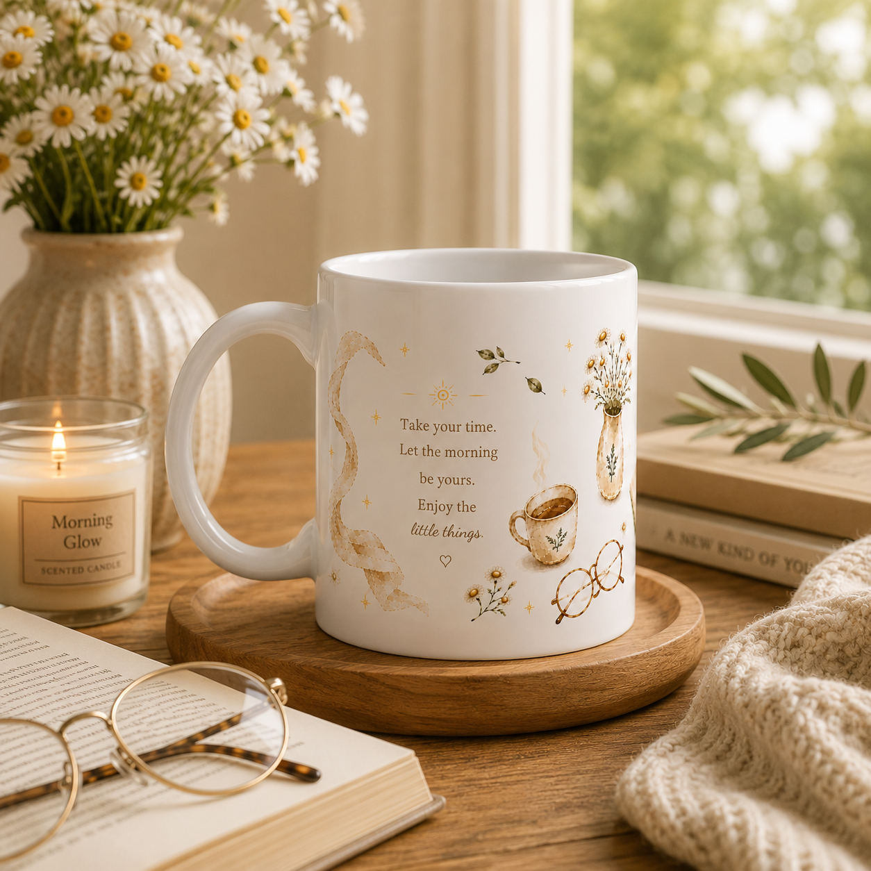 A white ceramic mug with delicate gold botanical illustrations and a quote about enjoying the little things, displayed on a wooden coaster on a warm, cozy desk with books, glasses, a candle, and a knitted blanket.