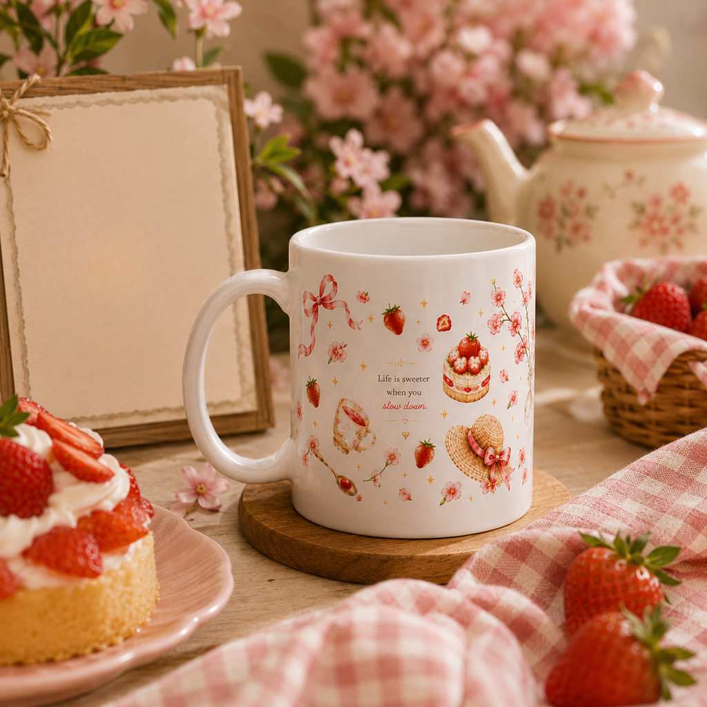 A white ceramic mug decorated with strawberry and cake illustrations, set on a wooden coaster in a cozy, strawberry-themed tabletop scene with a strawberry tart, pink gingham cloth, and a teapot in the background.