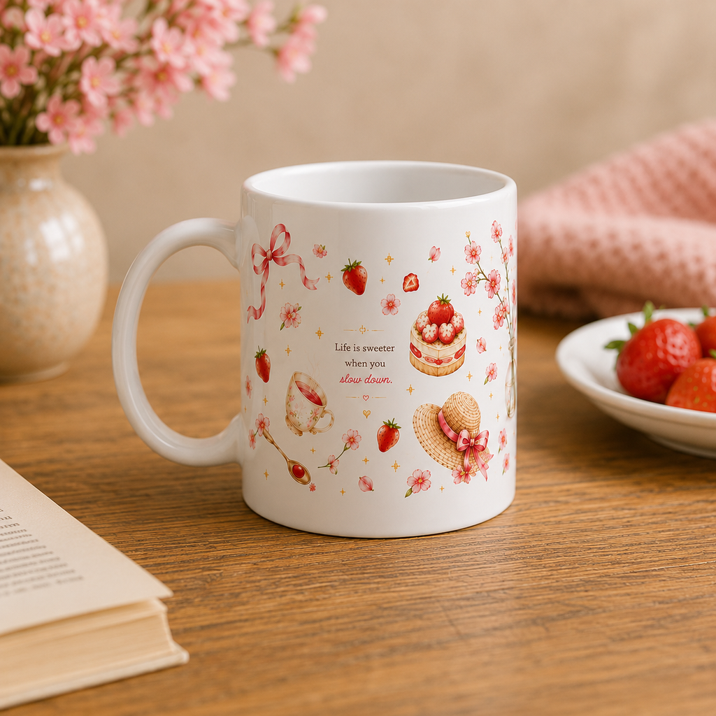 A white ceramic mug decorated with pink strawberries, cakes, bows, and small text, set on a wooden table with flowers, an open book, and strawberries in the background.
