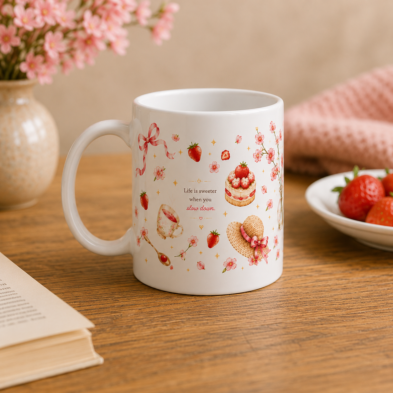 A white ceramic mug decorated with pink strawberries, cakes, bows, and small text, set on a wooden table with flowers, an open book, and strawberries in the background.