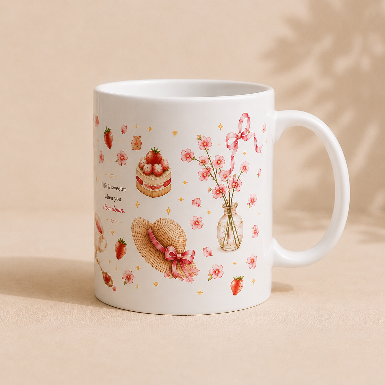 A white ceramic mug decorated with pink strawberry-themed illustrations, including strawberries, a strawberry cake, a straw hat with a pink bow, cherry blossoms in a glass vase, and small gold stars, set against a warm beige background.