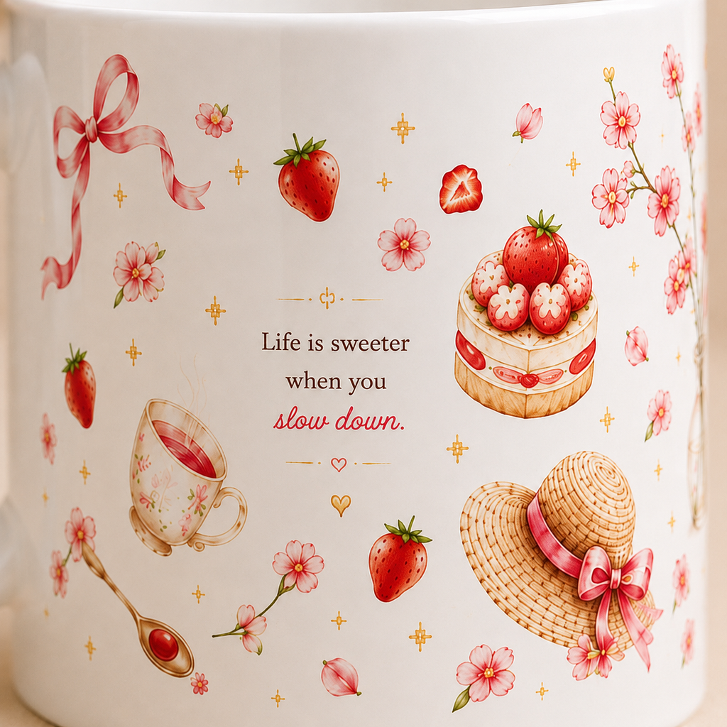 A close-up of a white ceramic mug decorated with pink and red strawberry illustrations, cherry blossoms, a teacup, a straw hat, and the text 'Life is sweeter when you slow down.'.