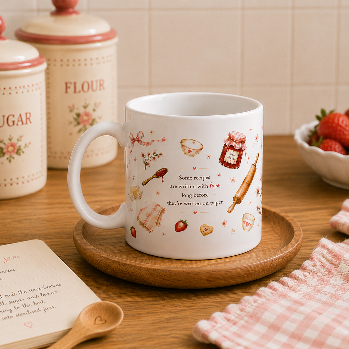 A white ceramic mug with a pink and brown baking-themed print sits on a round wooden coaster on a wooden table. The background features a cozy kitchen scene with cream-colored canisters labeled 'SUGAR' and 'FLOUR', a bowl of fresh strawberries, and a pink gingham cloth.