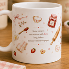 A white ceramic mug with a handle, decorated with various baking illustrations such as a rolling pin, strawberry, jam jar, and a quote about recipes, set on a wooden table.