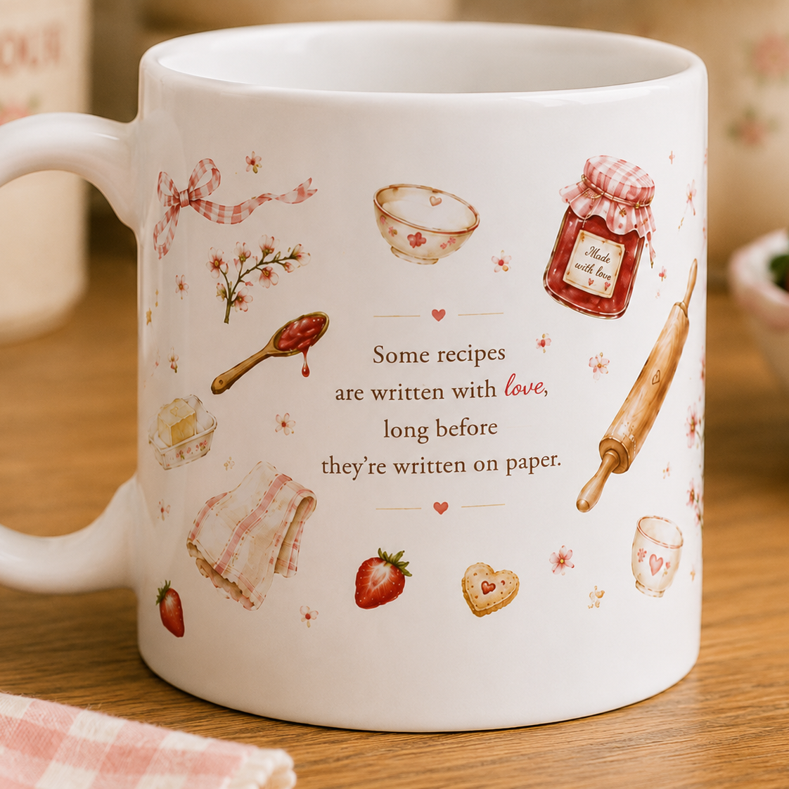 A white ceramic mug with a handle, decorated with various baking illustrations such as a rolling pin, strawberry, jam jar, and a quote about recipes, set on a wooden table.