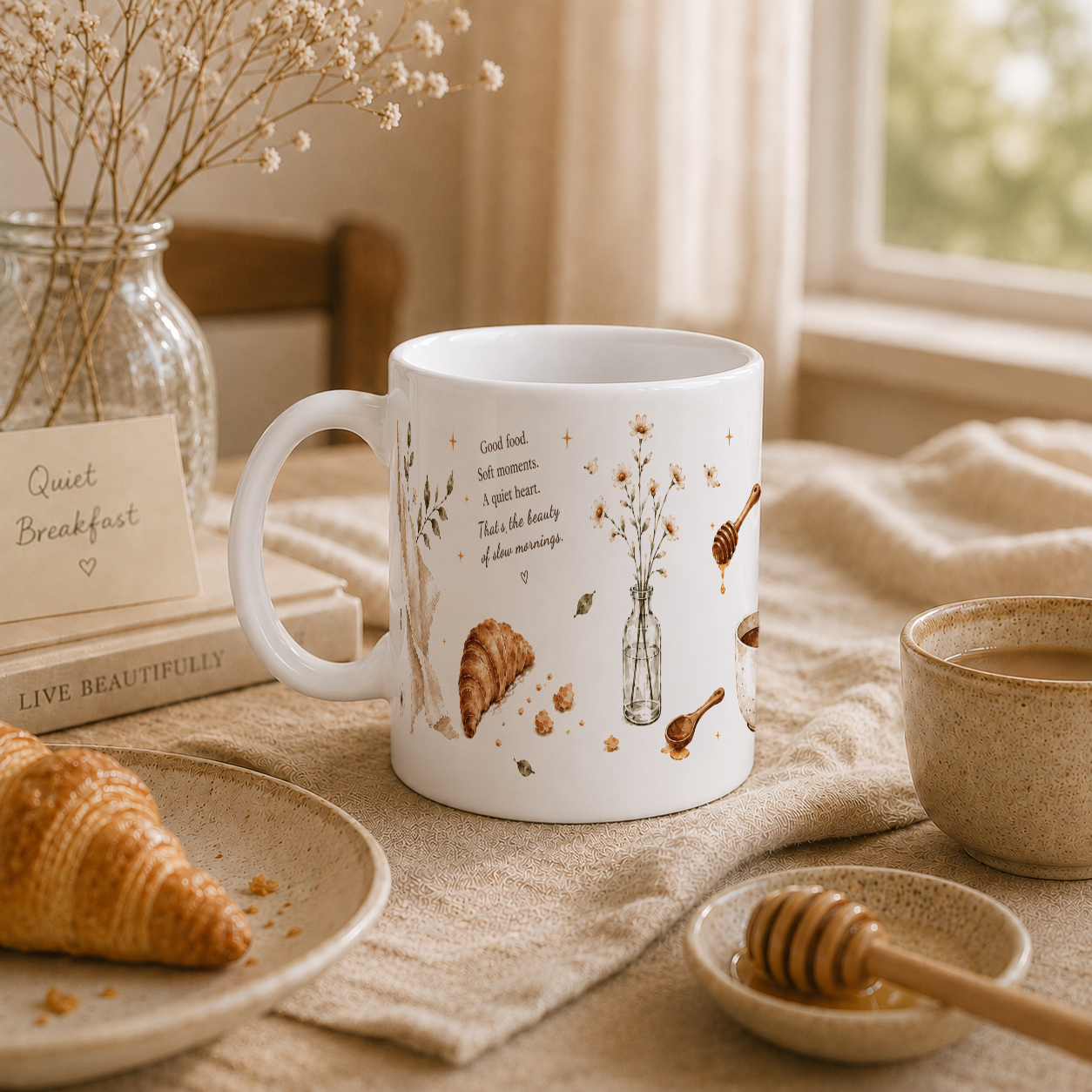 A white ceramic mug with a warm, rustic breakfast-themed illustration, styled on a beige linen tablecloth next to a croissant, honey dipper, and a cup of coffee in a cozy kitchen setting.