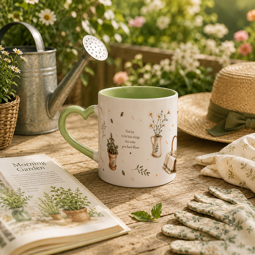 A white ceramic mug with a green handle and interior, decorated with illustrations of potted plants, small flowers, and a quote, sits on a wooden table surrounded by gardening props including a watering can, gloves, a straw hat, and an open gardening book in a garden setting.