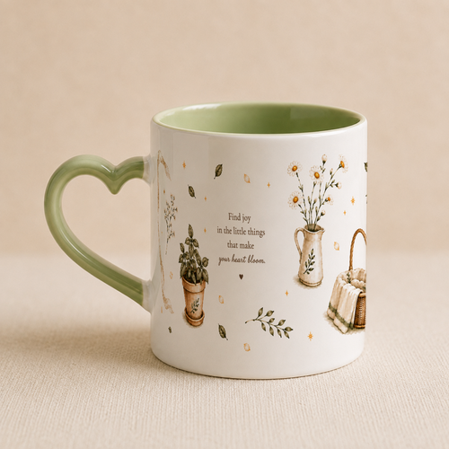 A ceramic mug with a heart-shaped handle, featuring a white exterior decorated with delicate botanical illustrations, a green interior, and a matching green handle, set against a neutral beige background.