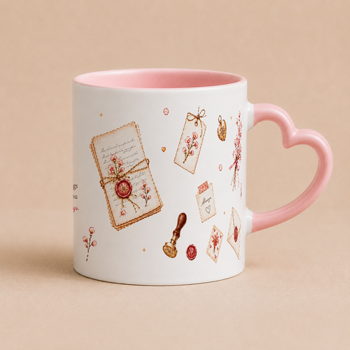 A white ceramic mug with a pink interior and a pink heart-shaped handle, decorated with vintage-style stationery illustrations including a wax seal, envelope, stamp, and tag on a warm beige background.