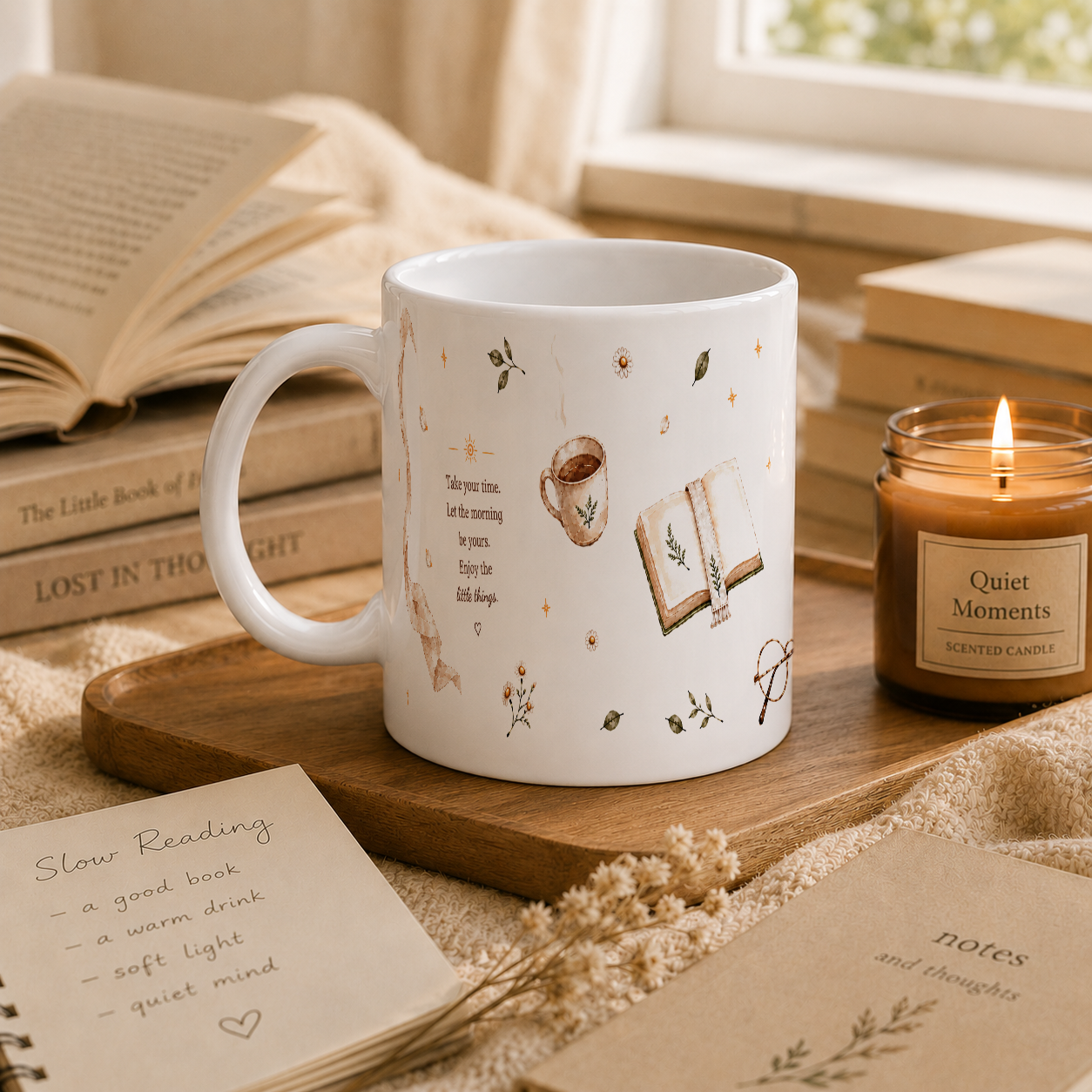 A white ceramic mug with a delicate brown botanical and book illustration print sits on a wooden tray in a cozy, warm setting. The mug is surrounded by reading props, including an open book, a lit candle labeled 'Quiet Moments', and a notebook with a 'Slow Reading' list.